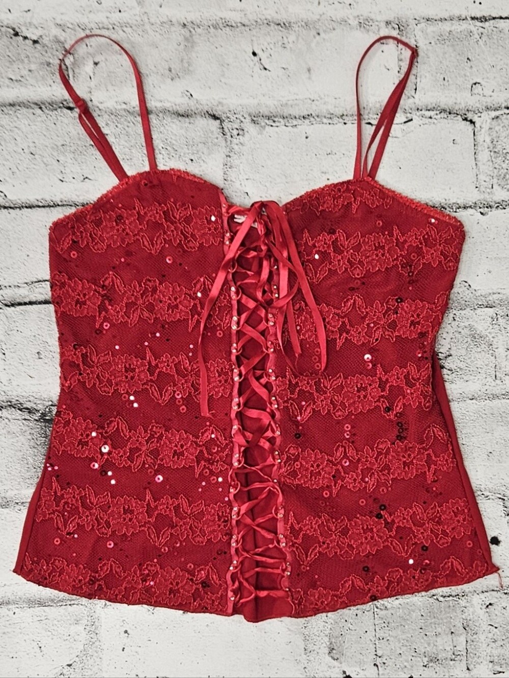 Cressong Red Sequin Lace Corset Cami Top Adjustable Straps Y2K